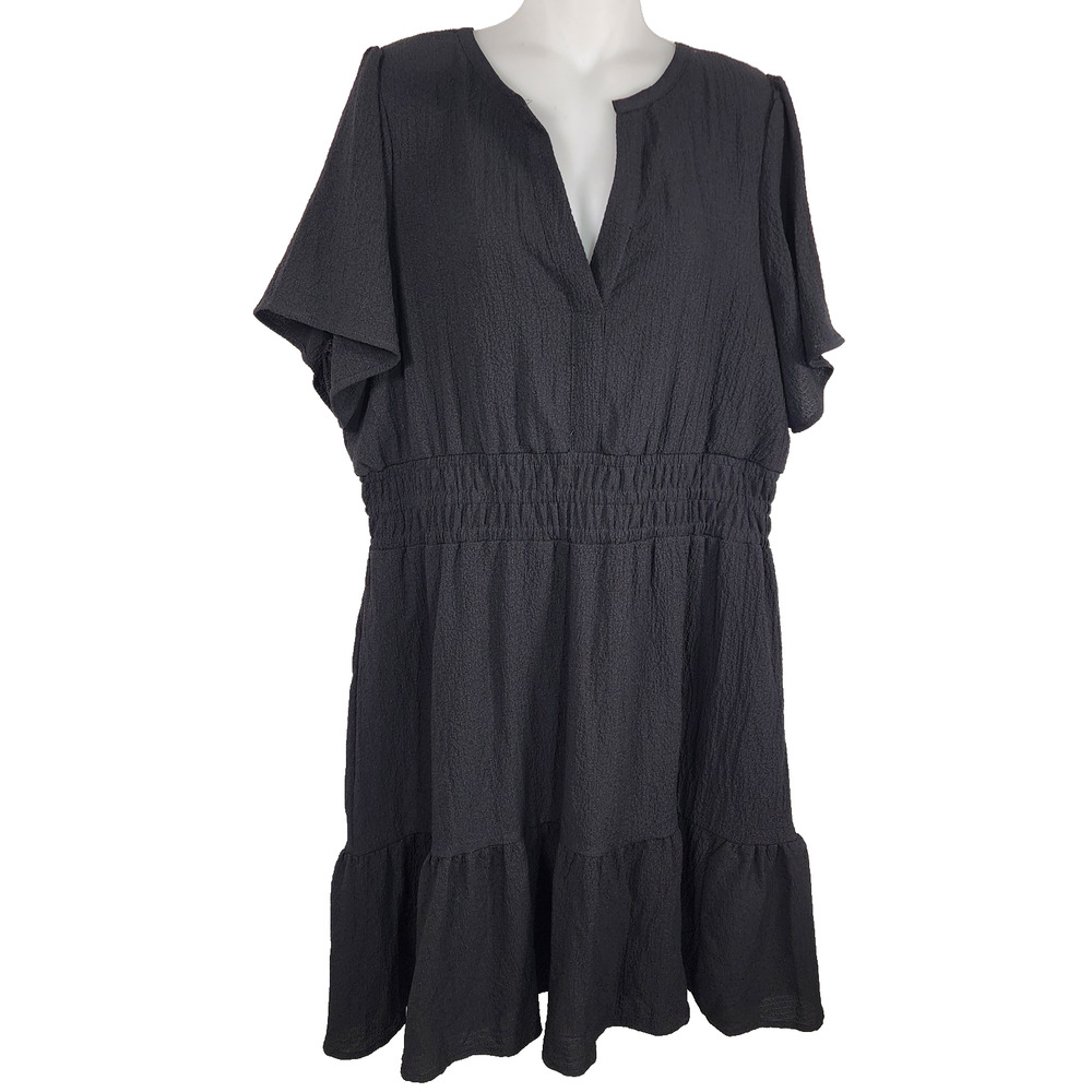 Maurices Textured Mini Dress Black V Neck Elastic Waist Flutter Tiered Hem 0X